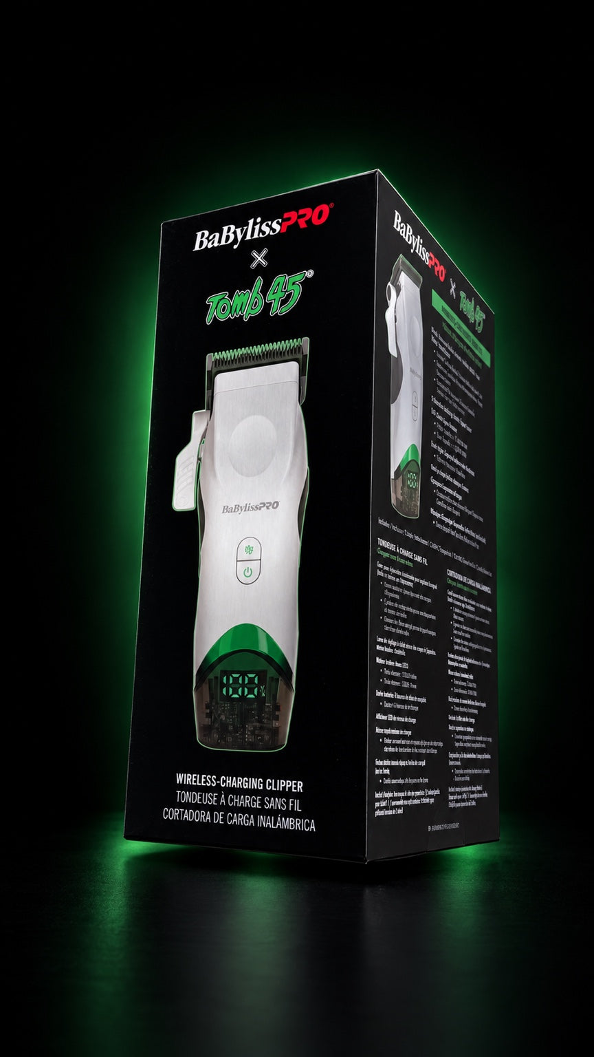 BaBylissPRO x Tomb45 white wireless charging clipper retail package, angled view