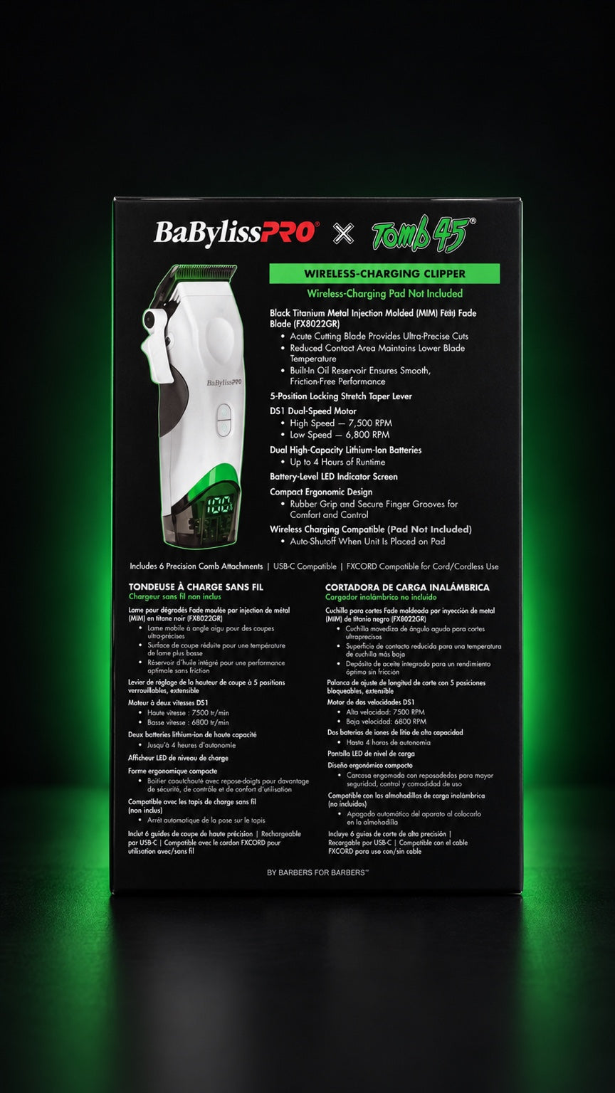 BaBylissPRO x Tomb45 white wireless charging clipper packaging with product specifications