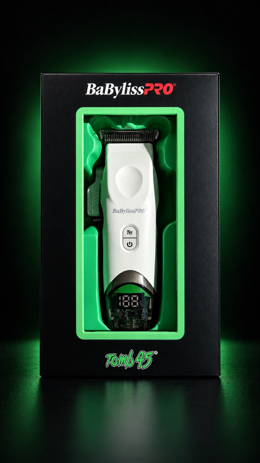 BaBylissPRO x Tomb45 white wireless charging clipper in retail packaging, front view