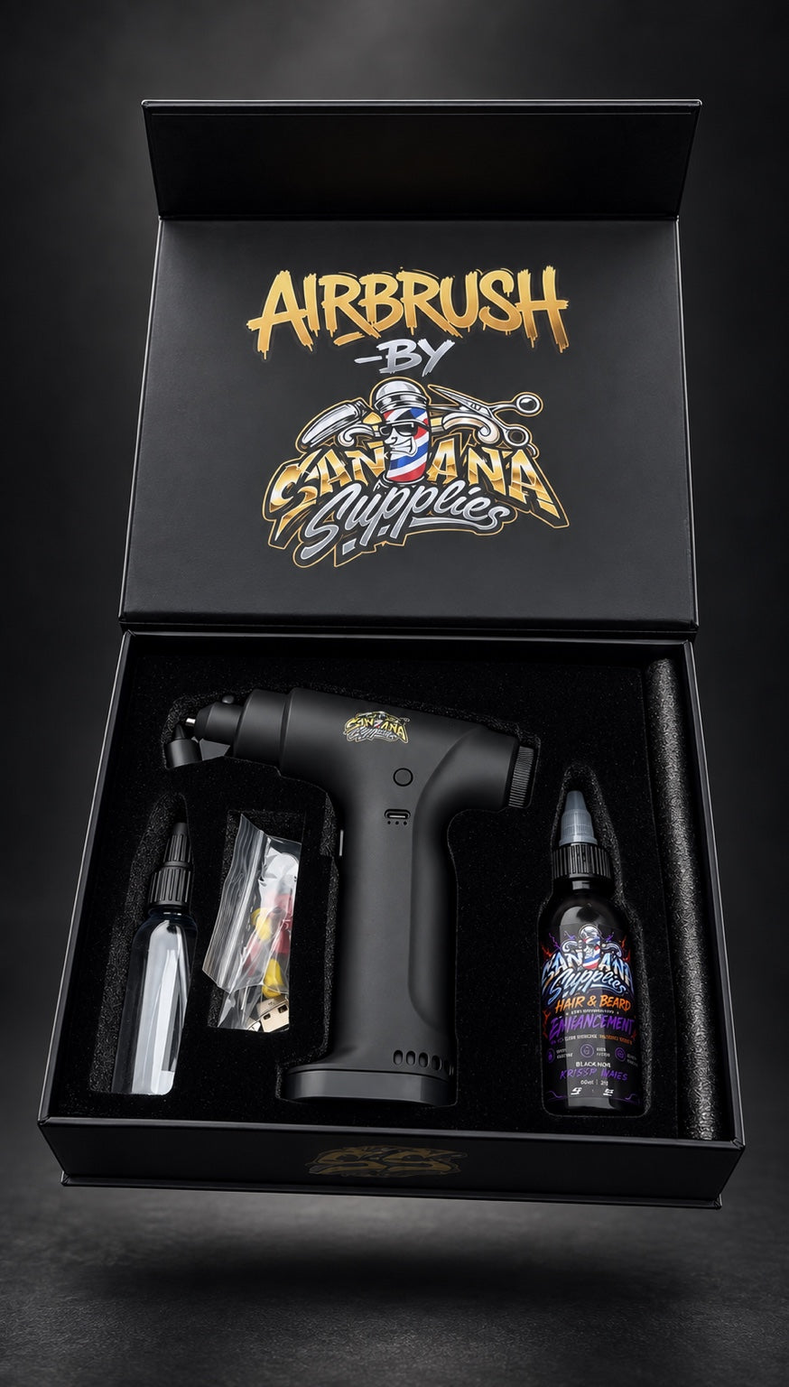 Airbrush By Santana Supplies professional barber airbrush compressor kit with free hair and beard enhancement dye
