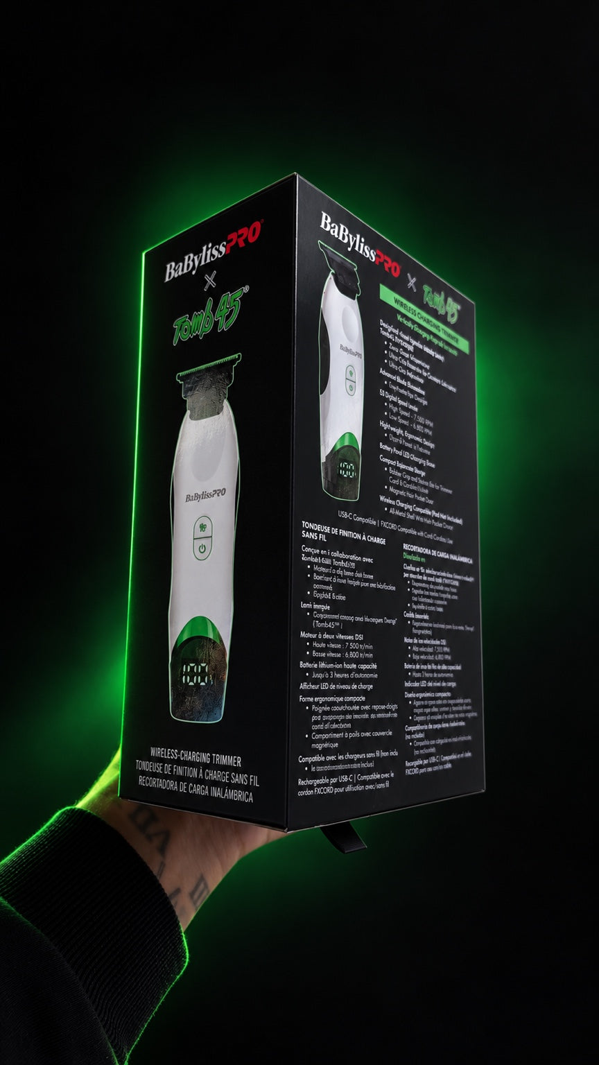 BaBylissPRO x Tomb45 wireless charging trimmer retail package, angled view