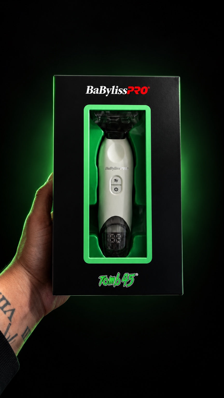 BaBylissPRO x Tomb45 wireless charging trimmer in retail packaging, front view