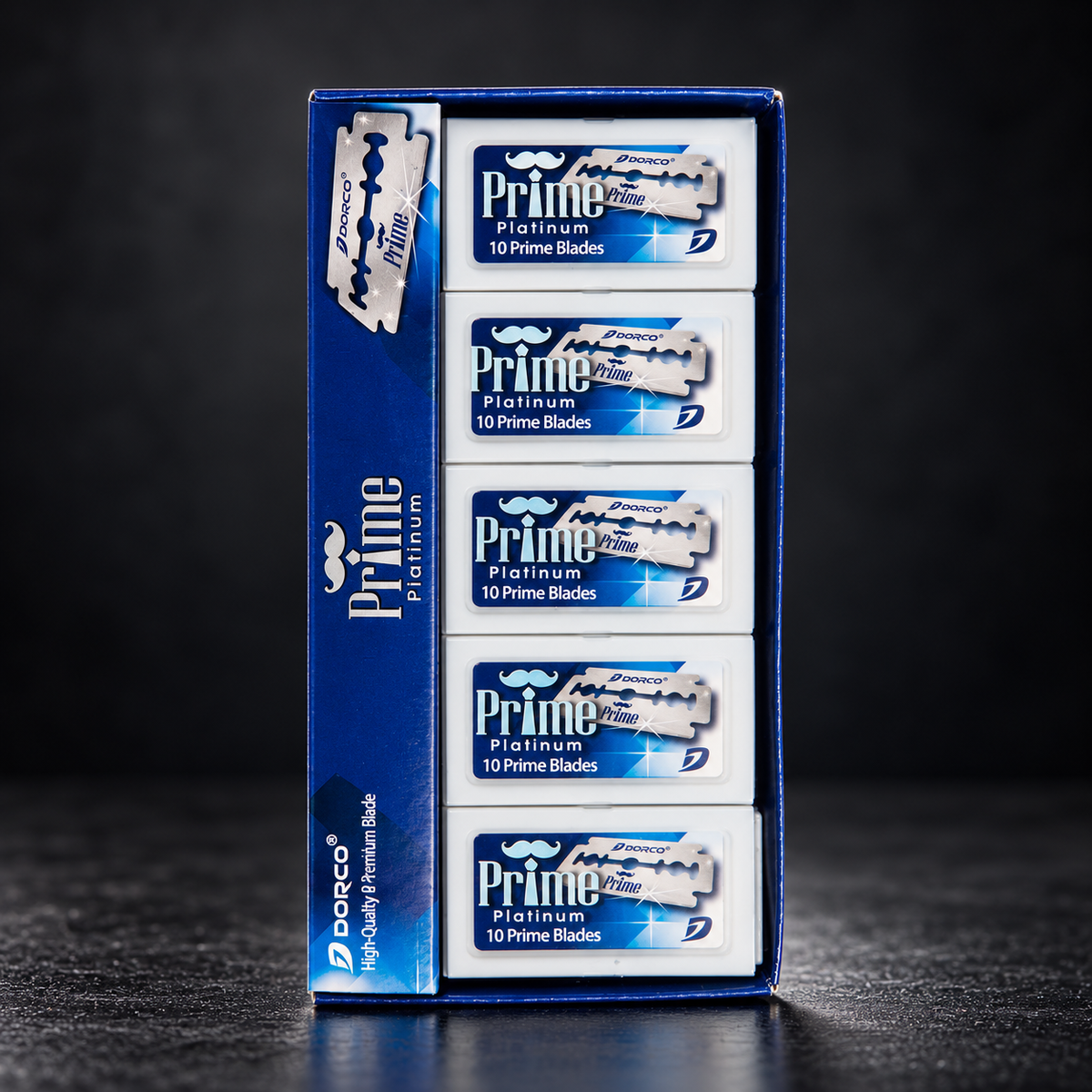 Dorco Prime Platinum double-edge razor blades 100 pack, luxury studio product photo