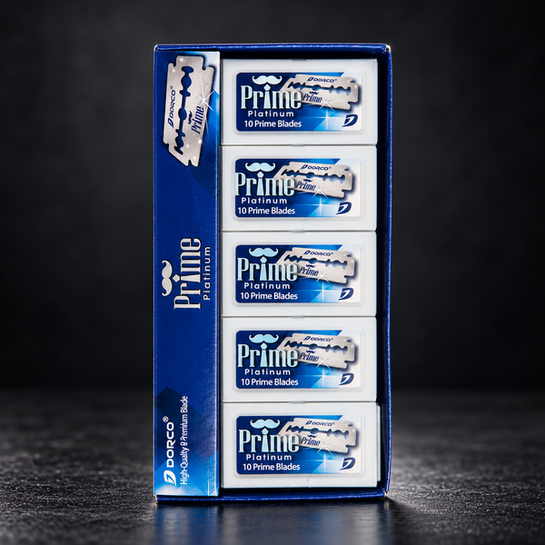 Dorco Prime Platinum double-edge razor blades 100 pack, luxury studio product photo