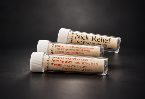 InfaLab Nick Relief Styptic Powder 3-pack — luxury studio product photo