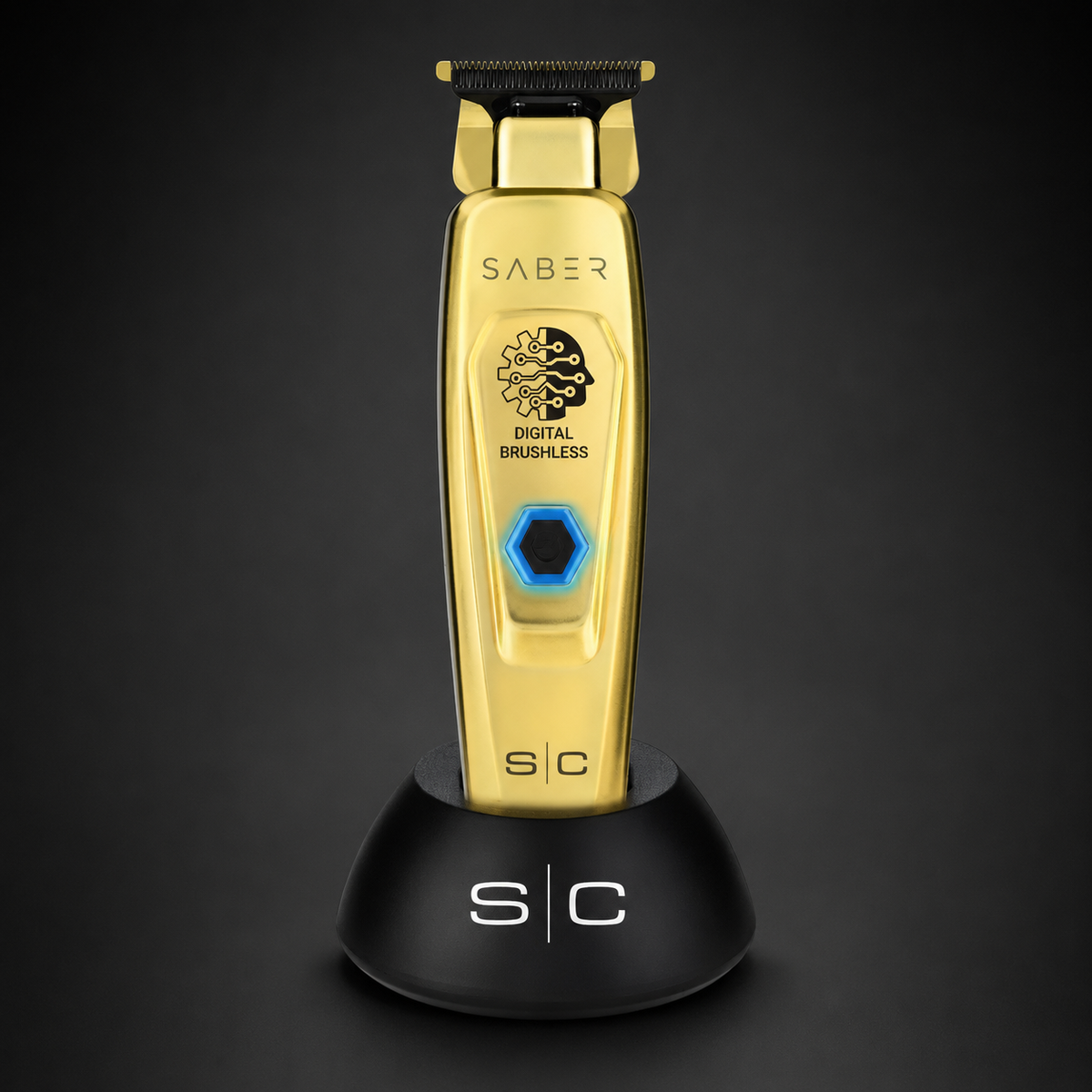 StyleCraft Saber Gold professional hair trimmer with charging stand